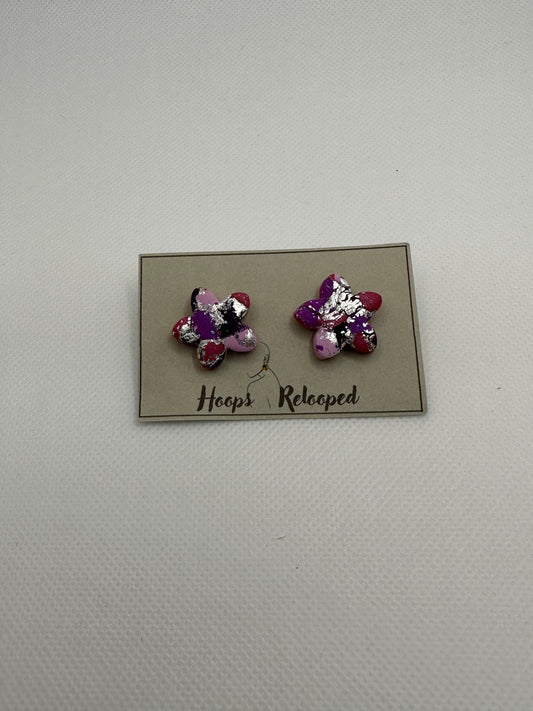 Purple and silver marble flower studs