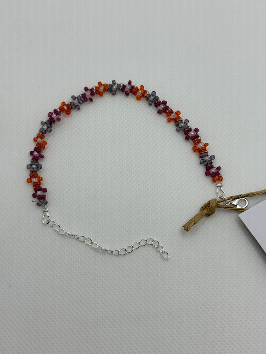 Pink, purple and orange flower bead bracelet